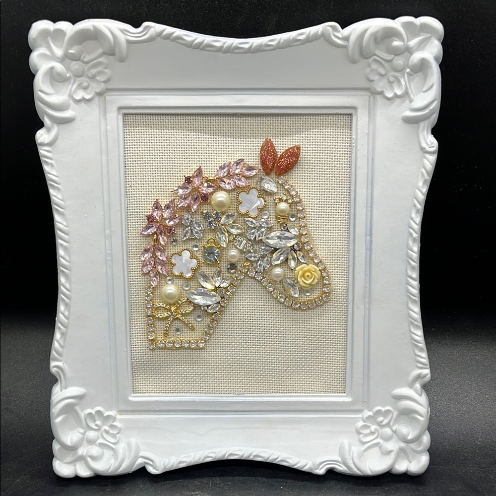 Handmade Bejeweled Horse Head Framed Art Pink Gold Mixed Media Old Jewelry Decor